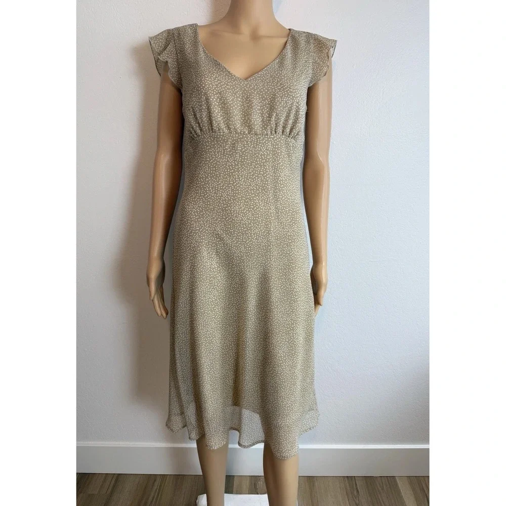 Vintage 90s Y2K FLP Beige Polka Dot Empire Waist Chiffon Prairie Midi Dress 8